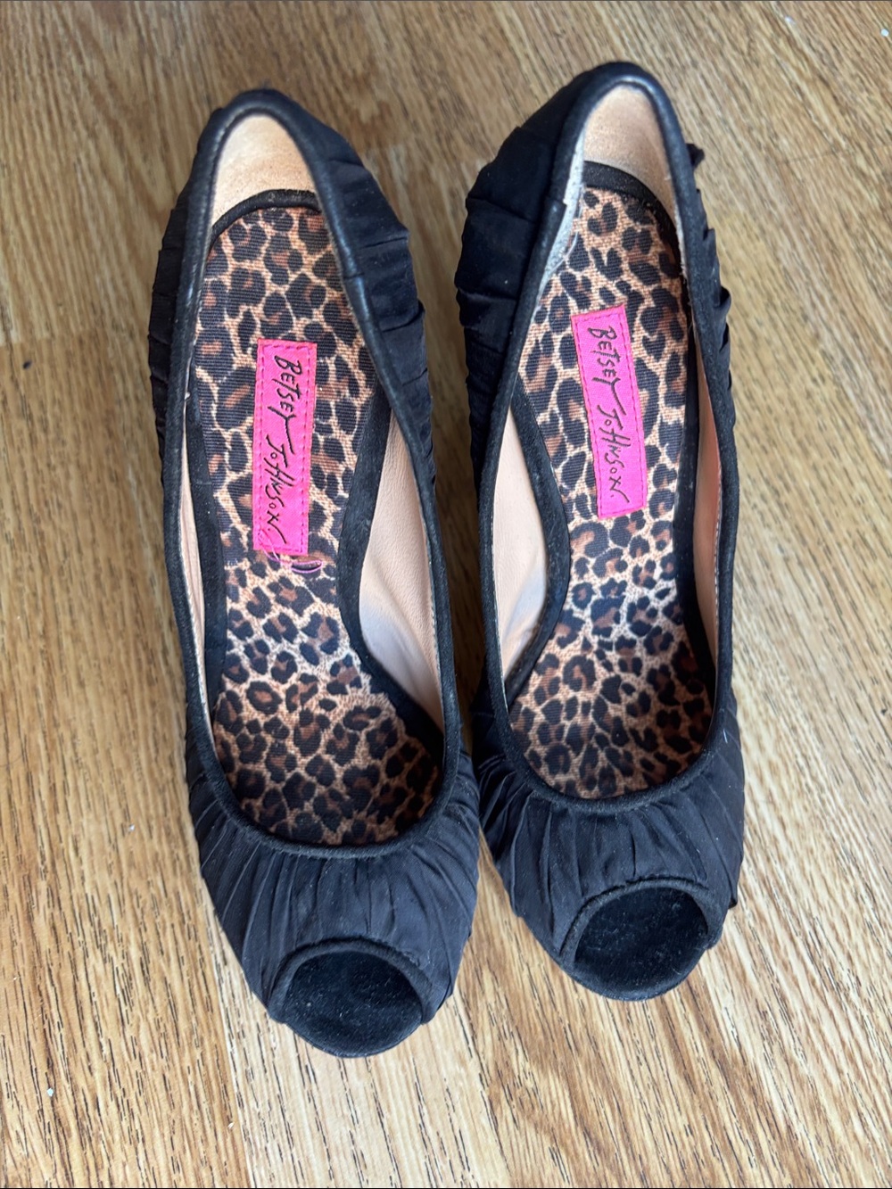 Betsey Johnson Black Suede Peep-Toe Heels with Leopard Insole